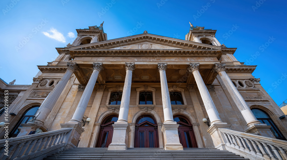 Naklejka premium Imposing historical building with grand columns and steps on sunny day