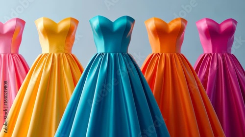 Vibrant Evening Gowns Displayed: A stunning showcase of vivid, colorful gowns, each with a unique radiant hue, elegantly displayed, capturing the essence of style and sophistication.