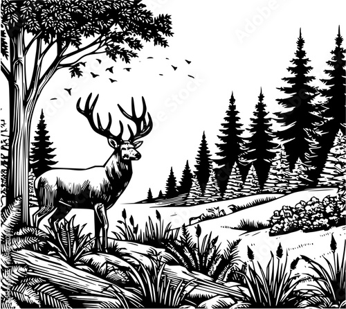 A majestic deer standing in a forest clearing with tall trees and birds flying in the distance scene illustration