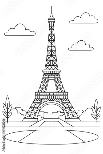 Outlined eiffel tower with clouds and trees in a parisian landscape with a circular plaza design view
