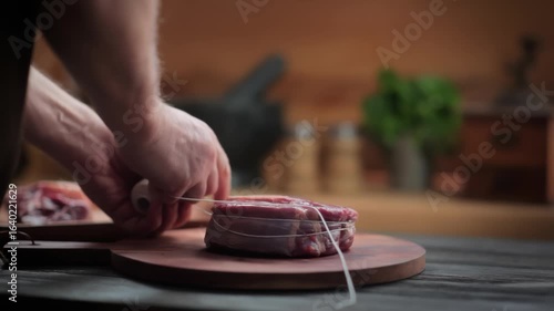 A man prepares a gourmet meal, tying a fresh Osso Buco steak with twine. Glasses filled with fresh herbs and spices stand nearby. The concept of cooking a classic Italian recipe at home