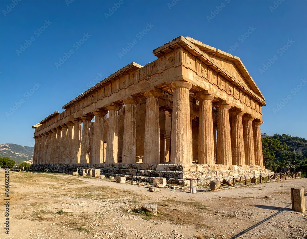 Fototapeta premium Ancient temple facade in sunlit landscape