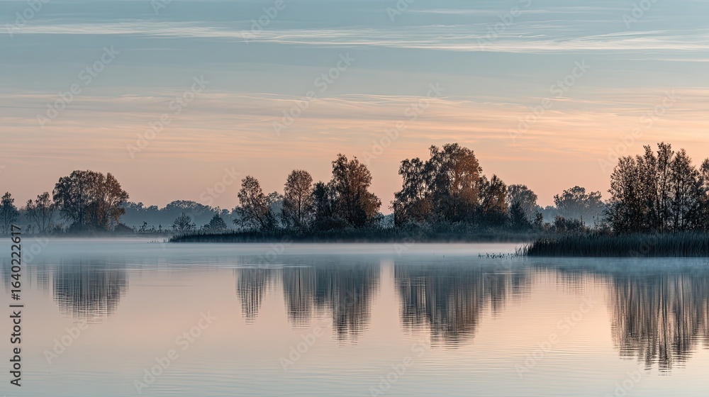 Naklejka premium Calm lake at sunrise, tranquil reflections