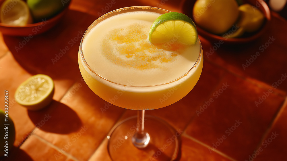 Pineapple Lime Margarita on terracotta tile surface with chilli salted rim Pineapple Lime Margarita on terracotta tile surface with chilli salted rim