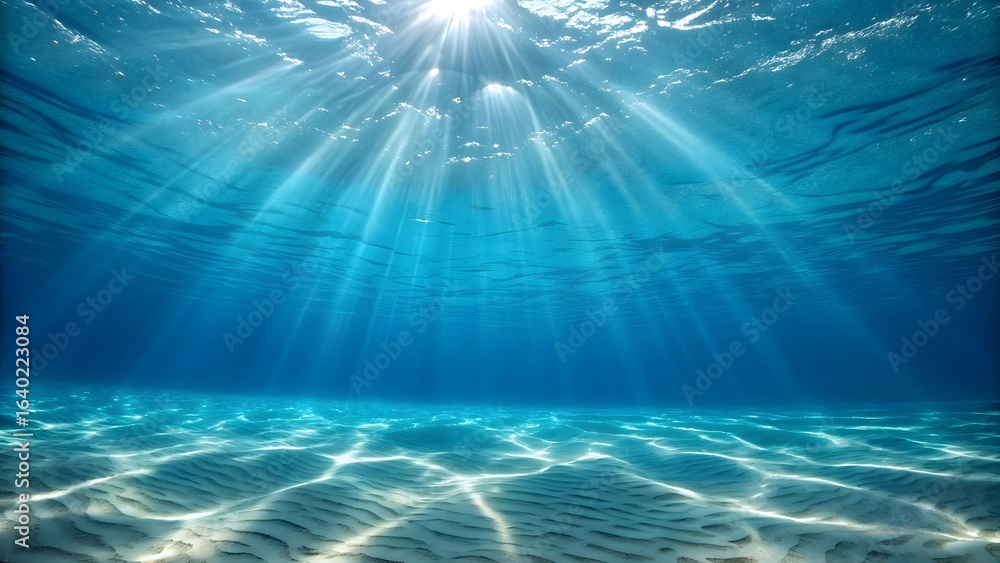 Obraz premium Sunlight beams illuminating underwater ocean scene with sandy seabed and vibrant blue water
