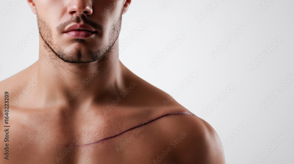 Fototapeta premium Male model showcasing a prominent scar on shoulder in a minimalist studio environment