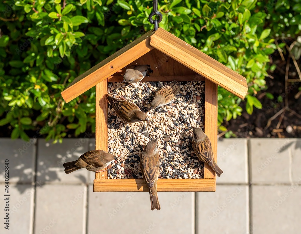 Naklejka premium Birds at a wooden bird feeder