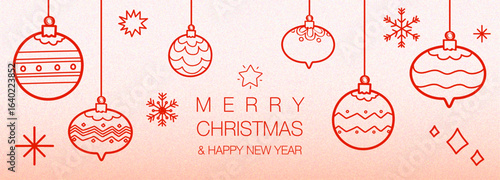 banner feliz navidad y año nuevo con ilustraciones dibujadas a mano de esferas navideñas, copos de nieve y estrellas con fondo degradado. Diseño ideal para redes sociales, anuncio, poster y mas.
