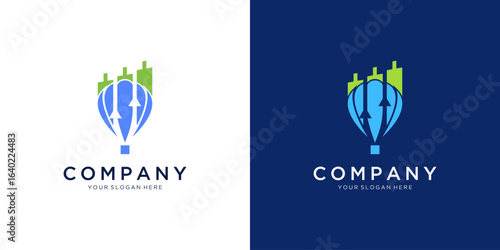 Abstract of Rise Diagram Chart Arrow with Hot Air Balloon Logo Design Ideas. Unique Vector for Financial and Tech Concept.