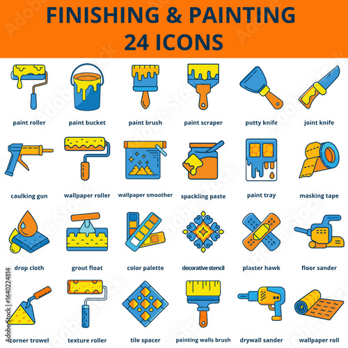 Set 24 Finishing and painting tools icons collection flat colored outline style (blue, yellow orange colors)  in colorful vector style  