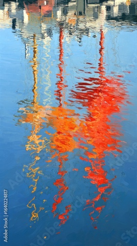 Vibrant reflections of structures on still water
