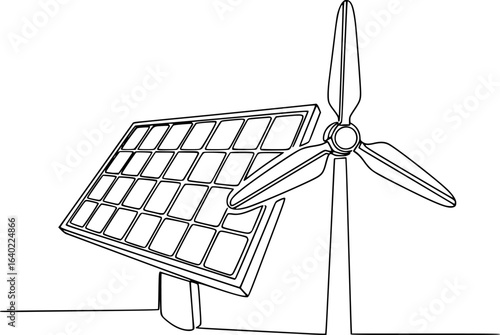 Photovoltaic panel and windmill for green energy generation. One continuous line art drawing