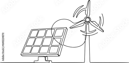 Photovoltaic panel and windmill for green energy generation. One continuous line art drawing