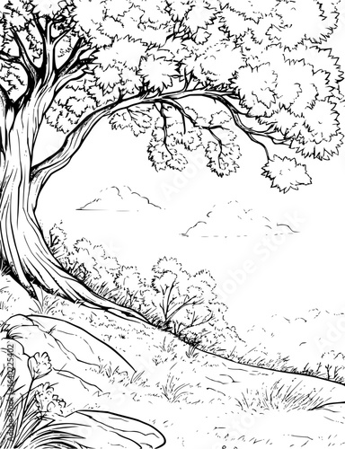 Detailed black and white line drawing of a large tree on a hillside with rocks and sparse clouds