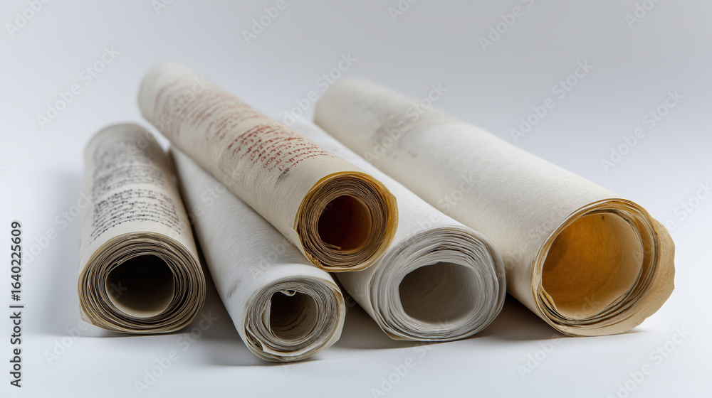 Fototapeta premium Antique rolls of parchment showcasing historical text and art on a light background