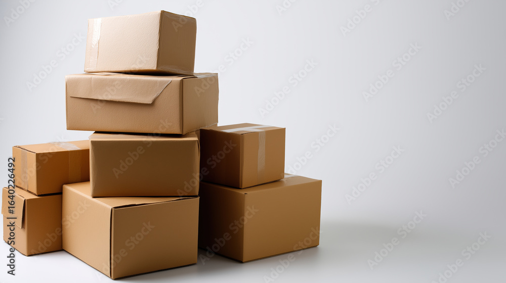 Fototapeta premium Stacked cardboard boxes ready for shipping in a storage space