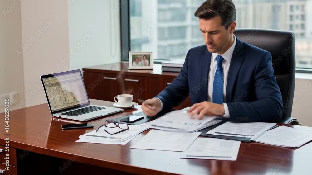 Focused Businessman Reviewing Documents in Modern Office Focused Businessman Reviewing Documents in Modern Office