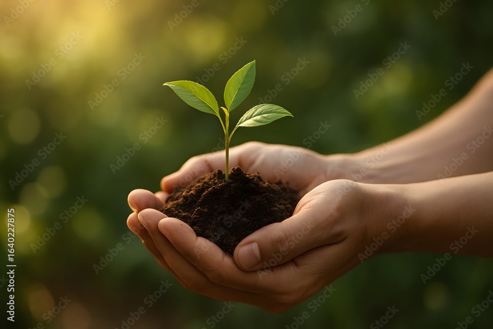 Hands Holding Soil with Young Green Plant Symbolizing Sustainable Growth Hands Holding Soil with Young Green Plant Symbolizing Sustainable Growth