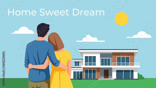 Loving young couple embracing and looking at their dream house