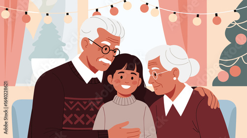 Hispanic grandparent couple hugging their granddaughter during Christmas holiday