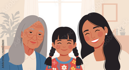 Three generations of happy Hispanic women smiling together
