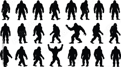 A collection of 18 detailed black silhouette Bigfoot illustrations in various walking, standing, and posing stances, ideal for mythical creature and outdoor designs.