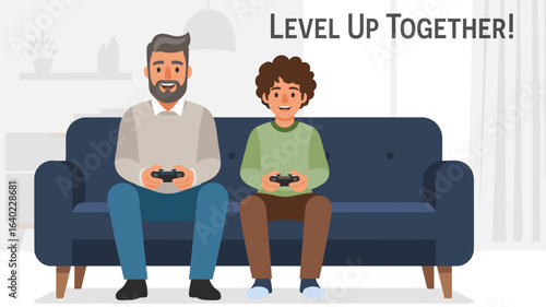Level up together with Latin Man and son playing video games on a couch