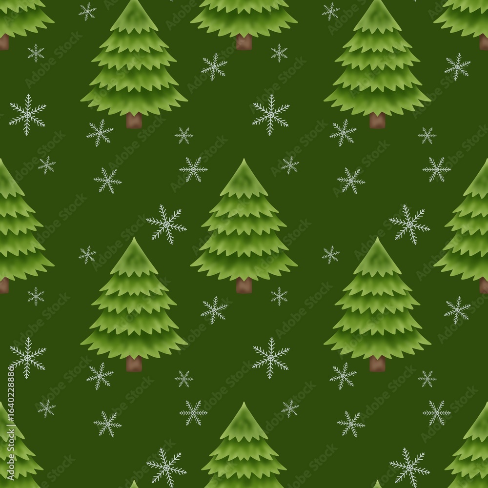 Fototapeta premium Green Christmas trees and snowflakes on a green background repeating pattern