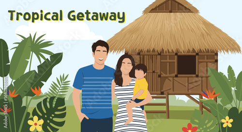 Young couple with baby enjoying a tropical getaway vacation in hut lodge