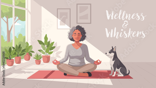 Happy senior Hispanic woman meditating with her dog