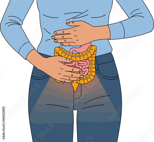Woman holding her painful abdomen with an illuminated intestine