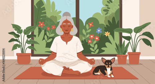 Aged Latin Woman Meditating with her Chihuahua Dog at Home