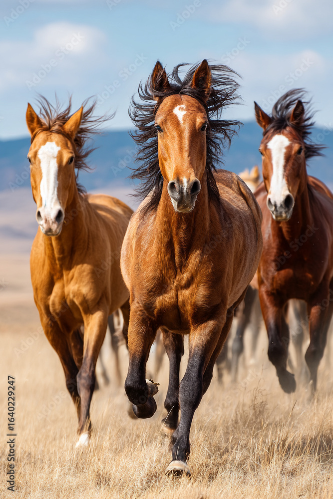 Obraz premium Horses galloping joyfully in an open pasture with their manes flowing in the breeze under clear skies.