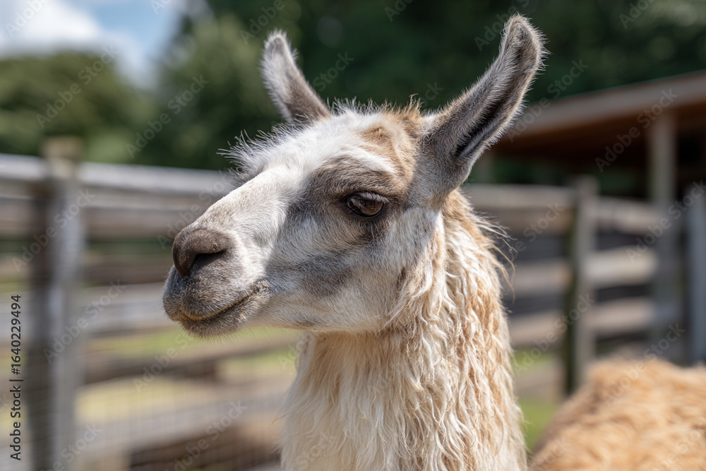 Obraz premium A llama being gently shorn for its valuable wool, a serene process on a sunny, peaceful farm afternoon.