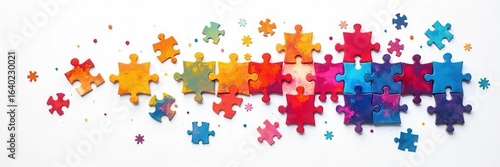 Abstract jigsaw puzzle pieces scattered on white background , scattered, fragmented