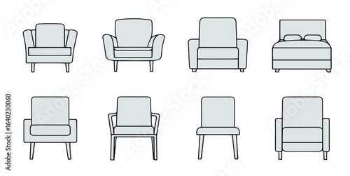 Different upholstered furniture set. Outline icons. Simple plan seat collection, chair, bed, armchair, for design interior and architectural project