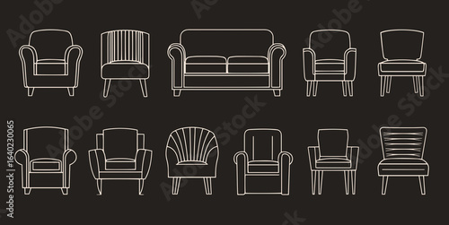 Different upholstered furniture set. Outline icons. Simple plan seat collection, sofa couch, chair, armchair, for design interior and architectural project