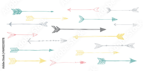 Arrows sketches set, hand drawn doodle pointers, lines arrow. Design elements collection. Brush strokes.