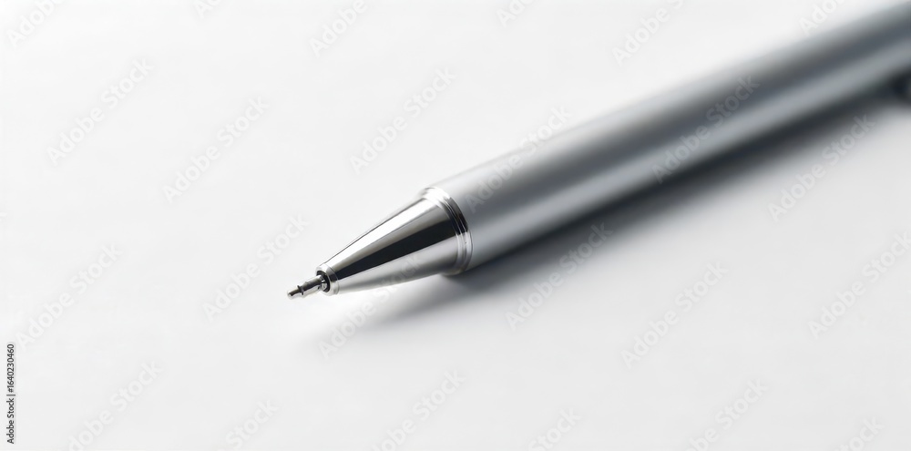 Close-up of a sleek silver pen on white background, smooth, writing instrument Close-up of a sleek silver pen on white background, smooth, writing instrument
