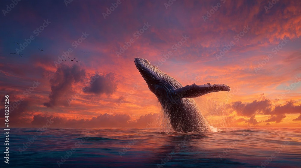 Fototapeta premium Humpback whale breaching at sunset