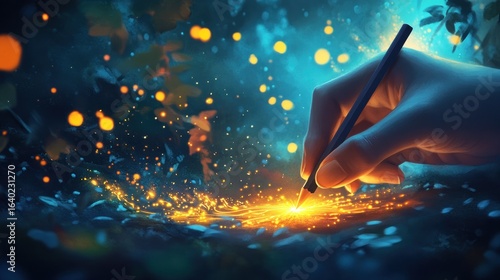 A hand holding a pencil draws light on a mystical forest floor at night.