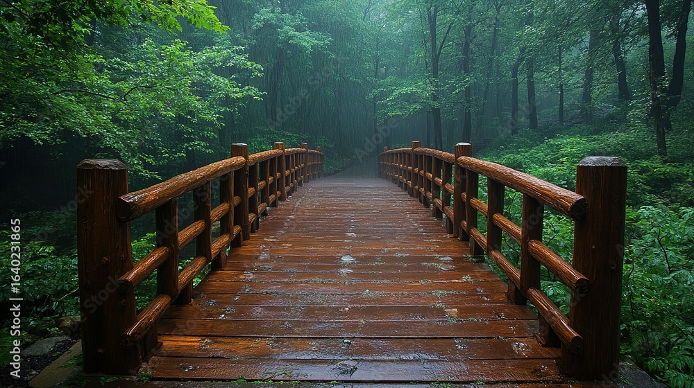 Fototapeta premium Wooden bridge over a path in a lush green forest with mist.