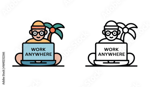 Digital Nomad Lifestyle Remote Work Icons Illustrating The Freedom To Work Anywhere Concept And Tropical Setting