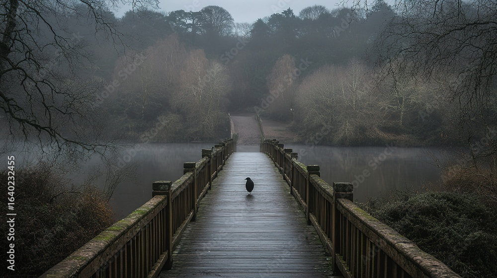 Naklejka premium Person walks on bridge over water surrounded by trees in misty weather.