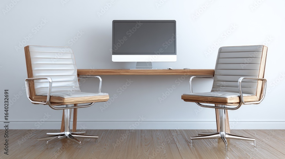 Fototapeta premium Modern Office Workspace with Minimalist Design Featuring Two Stylish Chairs and a Computer Monitor on Wooden Desk