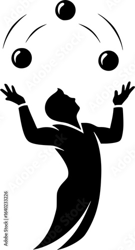 Juggler Silhouette Vector: Circus Performer Juggling Balls, Black and White Illustration, Entertainment, Skill, Showmanship, Art, Graphic Design