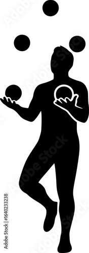 Juggler Silhouette Vector: Circus Performer Juggling Balls, Black and White Illustration, Entertainment, Skill, Showmanship, Art, Graphic Design