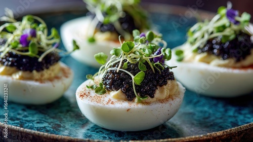Deviled eggs topped with caviar and sprouts on a blue plate