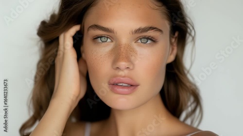 Wallpaper Mural A close-up studio portrait showcases a young woman with sun-kissed freckles, full lips, and defined brows. Her flowing brown hair and natural makeup enhance her features, creating an image of timeless Torontodigital.ca