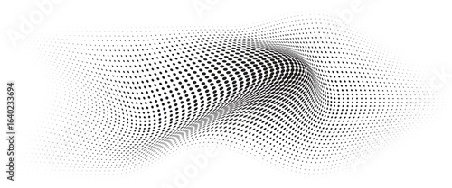 Flowing Wave Dot Halftone Pattern: Curve Gradient Shape on Transparent Background. Suitable for AI, Tech, Network, Digital, Science, and Technology Themes.